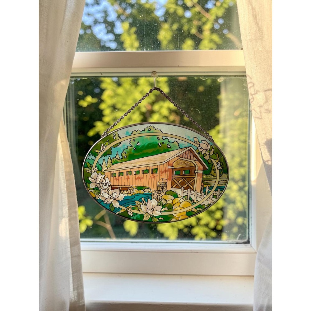 Vintage Covered Bridge Stained Glass Suncatcher - Country Window Hanging